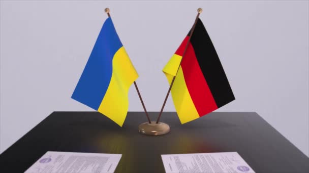 Fahnen Deutschlands Und Der Ukraine Bei Treffen Der Politiker — Stockvideo