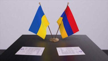 rmenia and Ukraine flags on politics meeting 3D illustration.