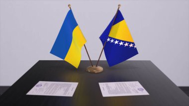 Bosnia and Herzegovina and Ukraine flags on politics meeting 3D illustration.