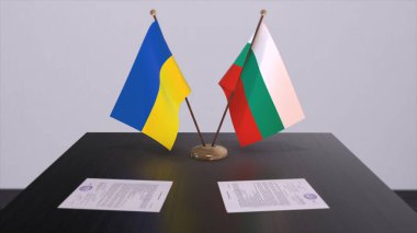 Bulgaria and Ukraine flags on politics meeting 3D illustration.