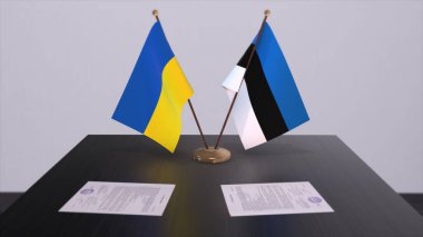 Estonia and Ukraine flags on politics meeting 3D illustration.