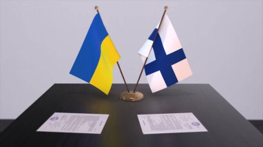 Finland and Ukraine flags on politics meeting 3D illustration.