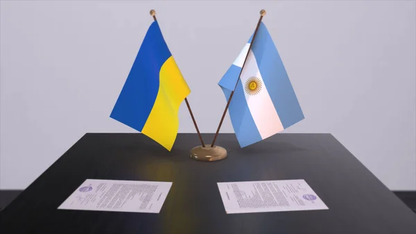 Argentina and Ukraine flags on politics meeting 3D illustration.