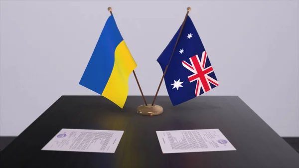 Australia and Ukraine flags on politics meeting 3D illustration.