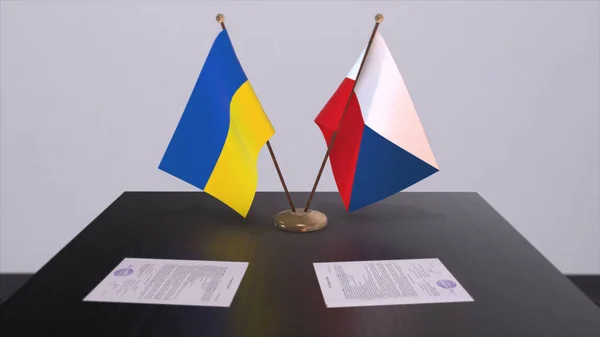Czech and Ukraine flags on politics meeting 3D illustration.