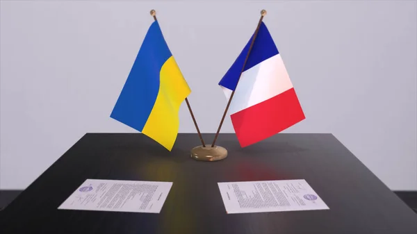 France and Ukraine flags on politics meeting 3D illustration.