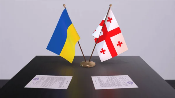 Georgia and Ukraine flags on politics meeting 3D illustration.