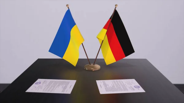 Germany and Ukraine flags on politics meeting 3D illustration.