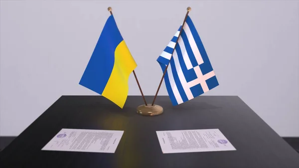 Greece and Ukraine flags on politics meeting 3D illustration.