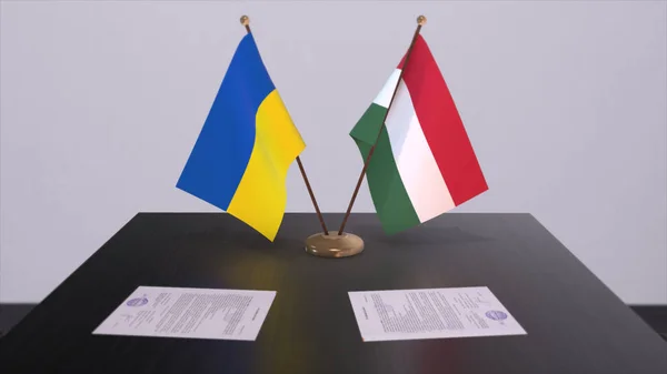 Hungary and Ukraine flags on politics meeting 3D illustration.
