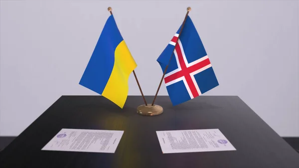 Iceland and Ukraine flags on politics meeting 3D illustration.