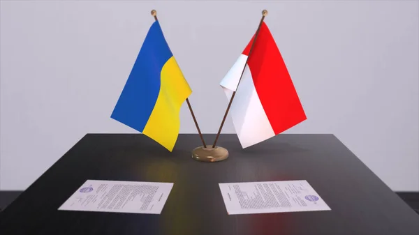 Indonesia and Ukraine flags on politics meeting 3D illustration.
