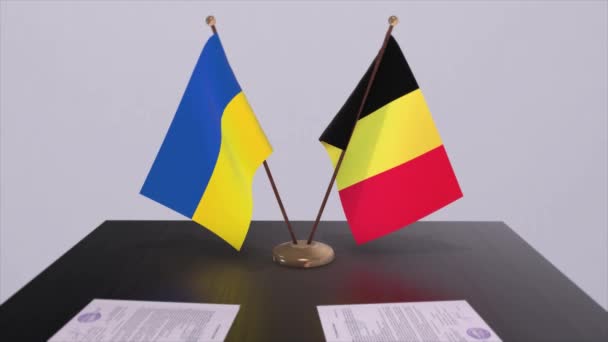 Fahnen Belgiens Und Der Ukraine Bei Treffen Der Politiker — Stockvideo