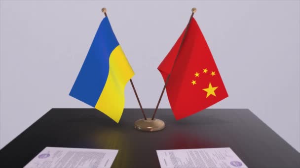 Fahnen Chinas Und Der Ukraine Bei Treffen Der Politiker — Stockvideo