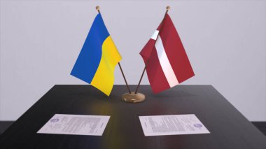 Latvia and Ukraine flags on politics meeting 3D illustration.