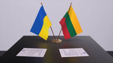 Lithuania and Ukraine flags on politics meeting 3D illustration.