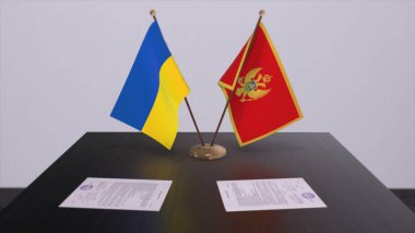 Montenegro and Ukraine flags on politics meeting 3D illustration.