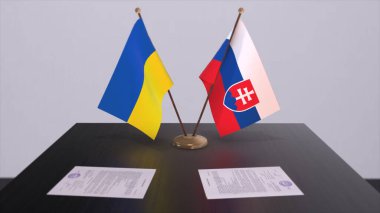 Slovakia and Ukraine flags on politics meeting 3D illustration.