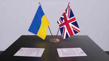 UK and Ukraine flags on politics meeting 3D illustration.