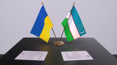 Uzbekistan and Ukraine flags on politics meeting 3D illustration.