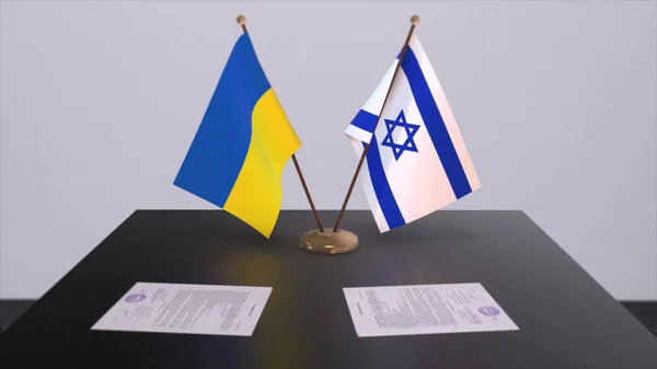 Israel and Ukraine flags on politics meeting 3D illustration.