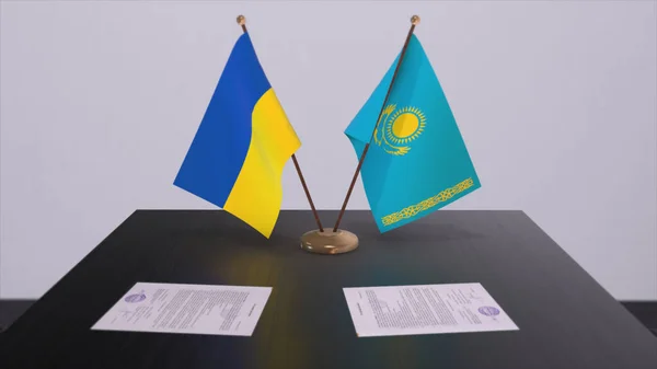 Kazakhstan and Ukraine flags on politics meeting 3D illustration.