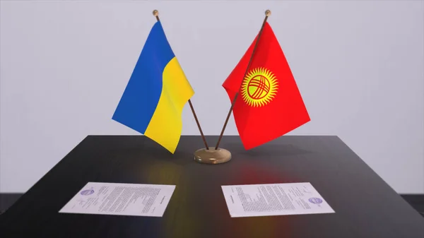Kyrgyzstan and Ukraine flags on politics meeting 3D illustration.