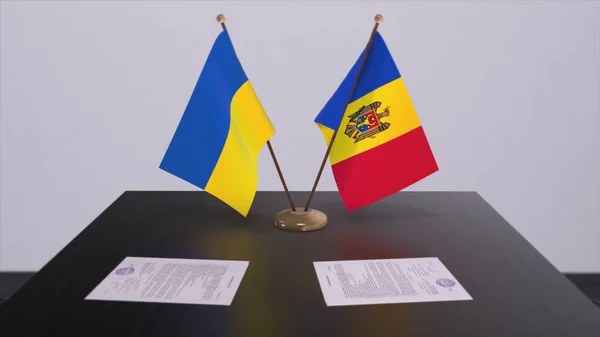 Moldova and Ukraine flags on politics meeting 3D illustration.