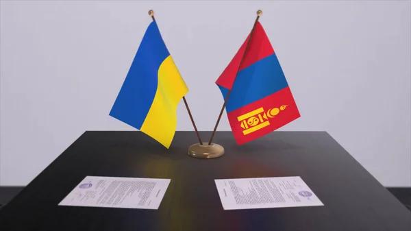 Mongolia and Ukraine flags on politics meeting 3D illustration.