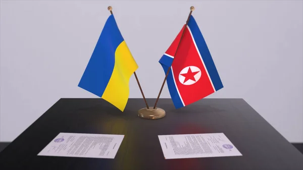 North Korea and Ukraine flags on politics meeting 3D illustration.