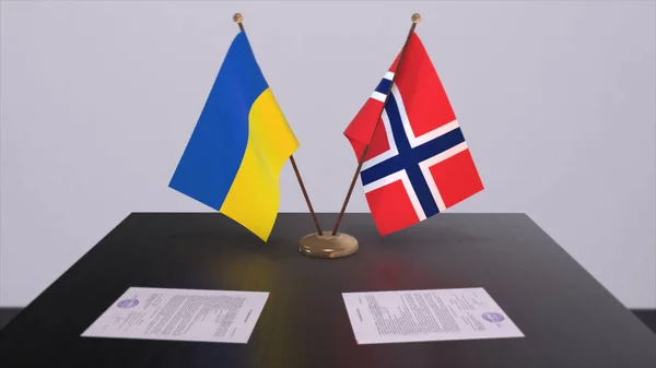 Norway and Ukraine flags on politics meeting 3D illustration.