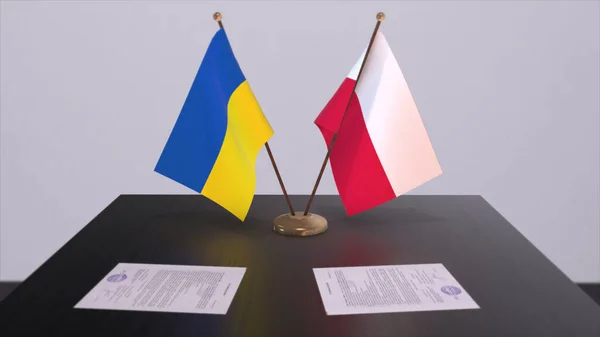 Poland and Ukraine flags on politics meeting 3D illustration.