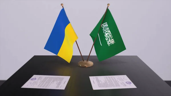 Saudi Arabia and Ukraine flags on politics meeting 3D illustration.