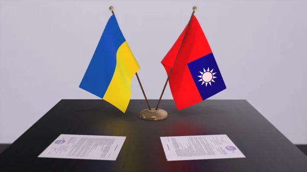 Taiwan and Ukraine flags on politics meeting 3D illustration.