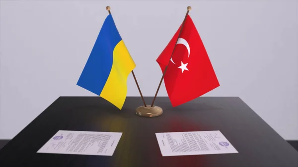 Turkey and Ukraine flags on politics meeting 3D illustration.