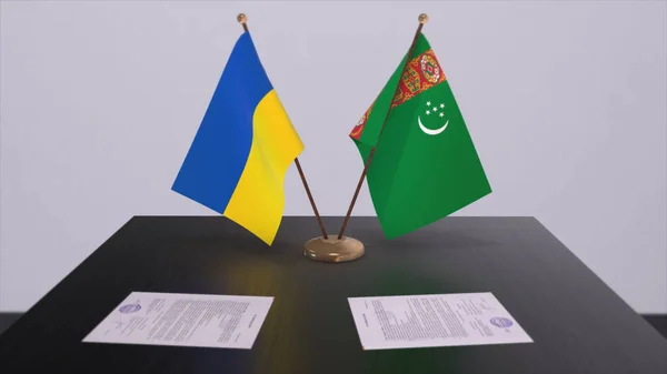 Turkmenistan and Ukraine flags on politics meeting 3D illustration.