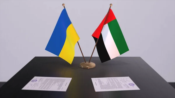 UAE and Ukraine flags on politics meeting 3D illustration.