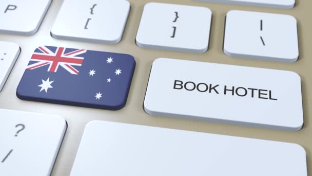Zarezerwuj Hotel Australia Stroną Internetową Przycisk Klawiaturze Komputera Koncepcja Podróży — Wideo stockowe