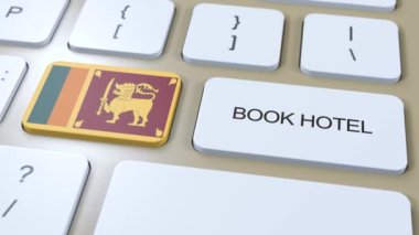İnternet sitesi olan Sri Lanka 'daki bir otel rezervasyonu. Bilgisayar klavyesindeki düğme. Seyahat konsepti 3 boyutlu animasyon. Otel metni ve Sri Lanka ulusal bayrağını ayırtın