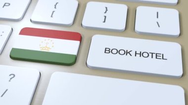 Tacikistan 'da internet sitesi olan bir otel rezervasyonu. Bilgisayar klavyesindeki düğme. Seyahat konsepti 3 boyutlu animasyon. Otel metni ve Tacikistanlı ulusal bayrağı ayırtın.