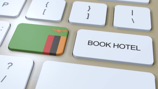 ホテルでザンビア オンライン コンピューターのキーボードのボタン 旅行のコンセプト3Dアニメーション ホテルのテキストとザンビア国旗を予約する — ストック動画