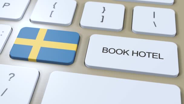 Reservar Hotel Suecia Con Sitio Web Línea Botón Teclado Del — Vídeos de Stock