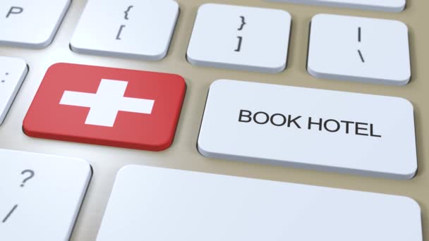 Boka Hotell Schweiz Med Hemsida Online Knapp Datorns Tangentbord Resekoncept — Stockvideo