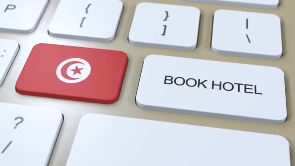 ホテルでチュニジア チュニジア コンピューターのキーボードのボタン 旅行のコンセプト3Dアニメーション ホテルのテキストとチュニジア国旗を予約する — ストック動画