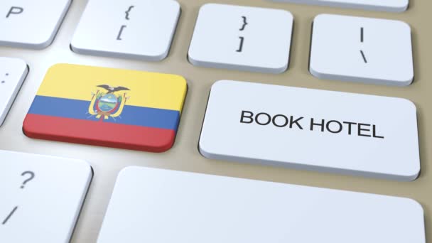ホテルでエクアドル オンラインでウェブサイト コンピューターのキーボードのボタン 旅行のコンセプト3Dアニメーション ホテルのテキストとエクアドルの国旗を予約する — ストック動画