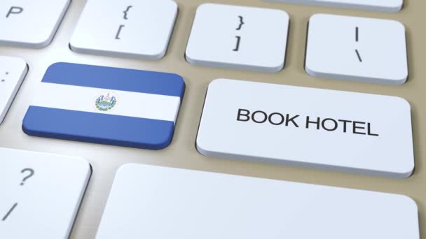 在萨尔瓦多的预订酒店有在线网站 按一下电脑键盘 旅行概念3D动画 预订旅馆文本和萨尔瓦多国旗 — 图库视频影像