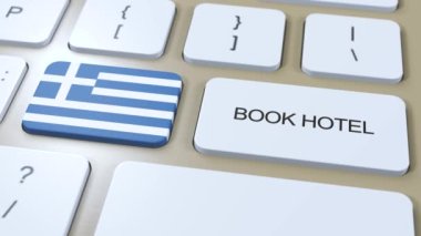 İnternet sitesi olan Yunanistan 'daki bir otel rezervasyonu. Bilgisayar klavyesindeki düğme. Seyahat konsepti 3 boyutlu animasyon. Otel metni ve Yunan ulusal bayrağı rezervasyonu