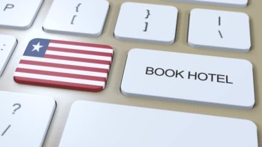 Liberya 'da internet sitesi olan bir otel rezervasyonu. Bilgisayar klavyesindeki düğme. Seyahat konsepti 3 boyutlu animasyon. Otel metnini ve Liberya bayrağını ayırtın