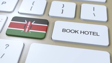 Kenya 'da internet sitesi olan bir otel rezervasyonu. Bilgisayar klavyesindeki düğme. Seyahat konsepti 3 boyutlu animasyon. Otel metni ve Kenya ulusal bayrağı rezervasyonu