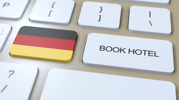 德国的预订酒店有在线网站 按一下电脑键盘 旅行概念3D动画 图书旅馆文本和德国国旗 — 图库视频影像